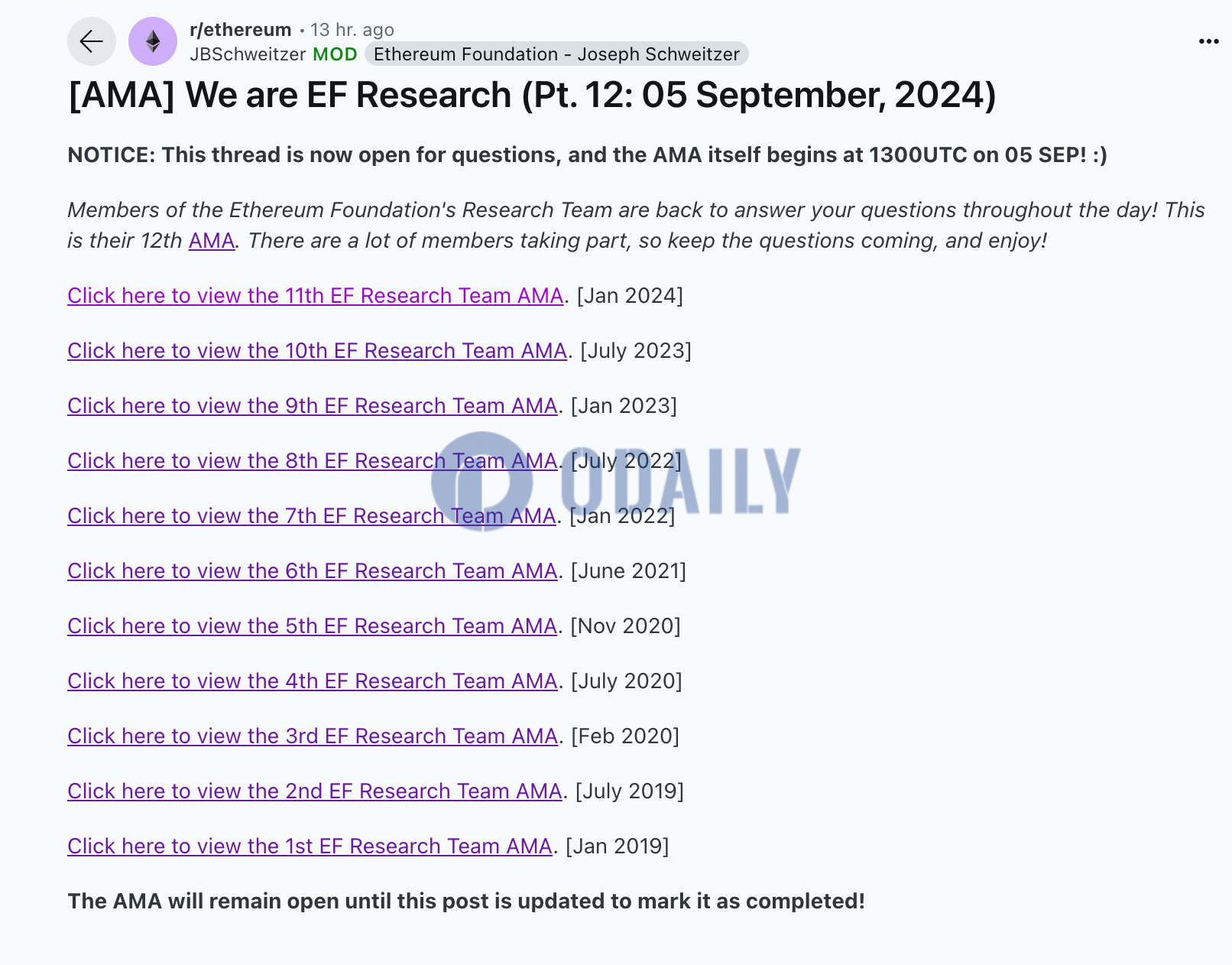 以太坊基金会研究团队将于明晚21:00举行官方AMA
