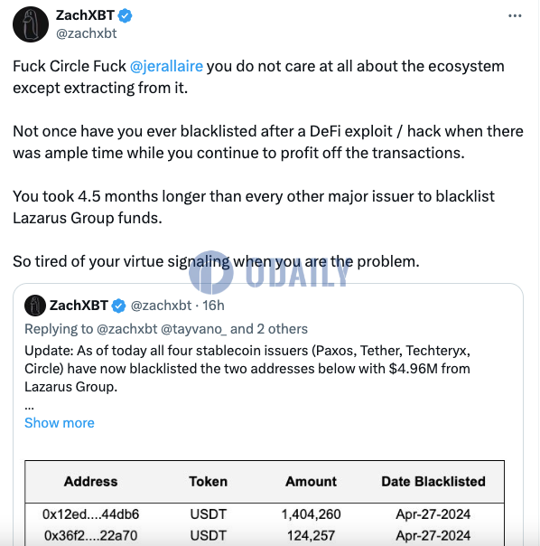 ZachXBT抨击Circle及其CEO：根本不关心生态，只一味从中攫取价值