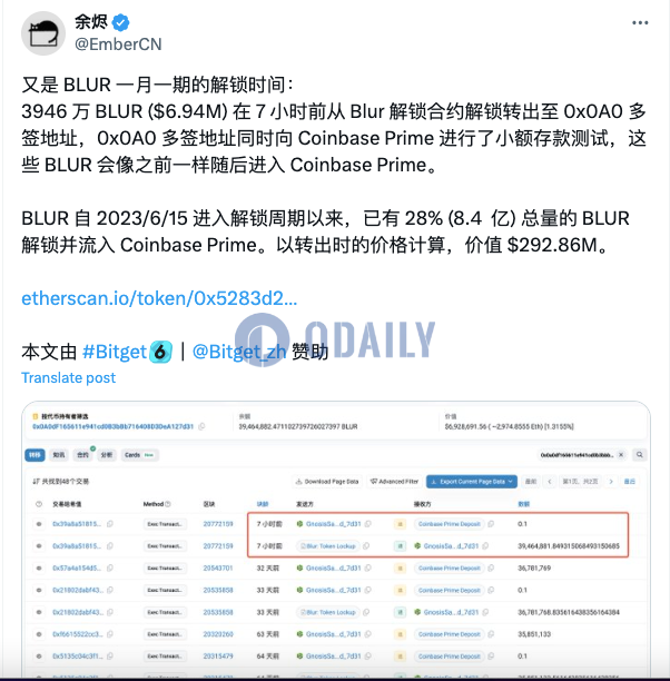 3946万枚BLUR 7小时前从Blur解锁合约转出至0x0A0多签地址，之后将进入Coinbase Prim