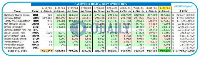 美国比特币现货ETF共计持有913825枚BTC，创历史新高