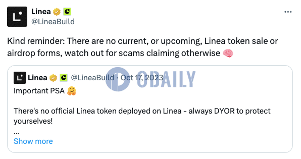 Linea提醒：未开启Linea代币销售或空投计划，当心相关骗局