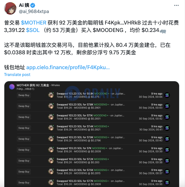 某聪明钱过去十小时花费3391.22枚SOL买入MOODENG，累计投入80.4万美元建仓
