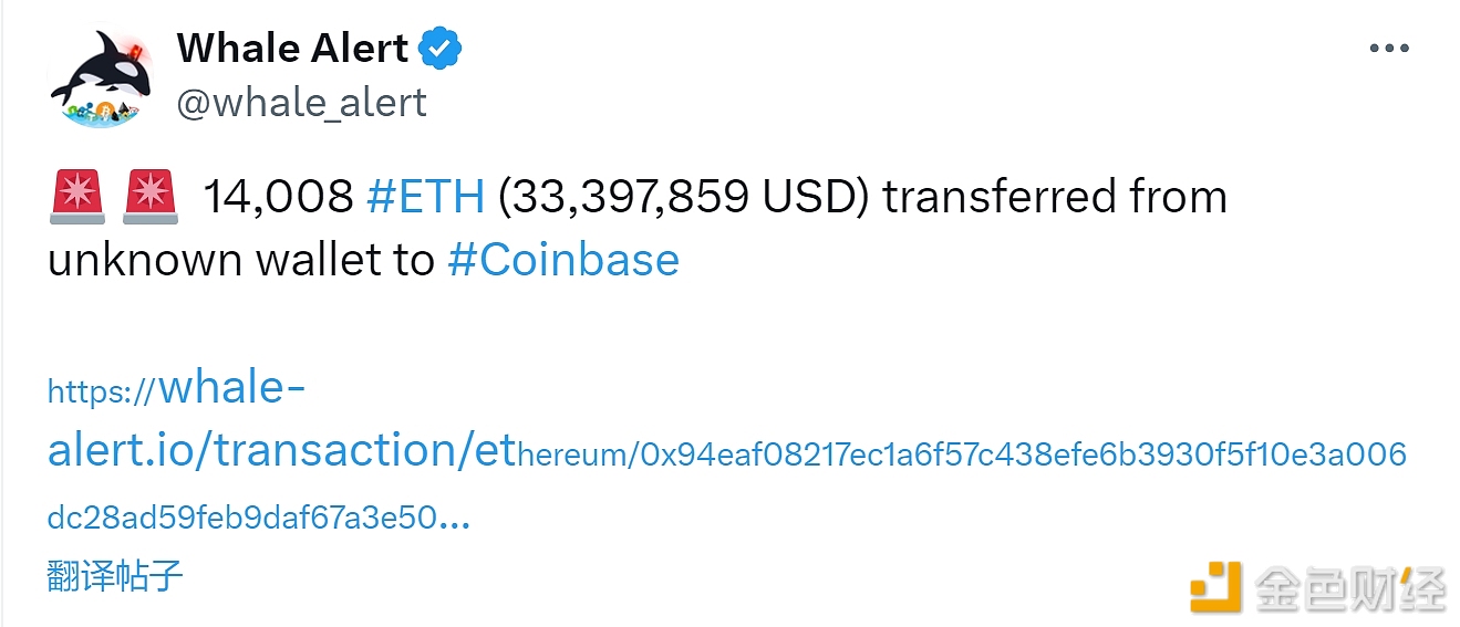 14,008枚ETH从未知钱包转移至Coinbase