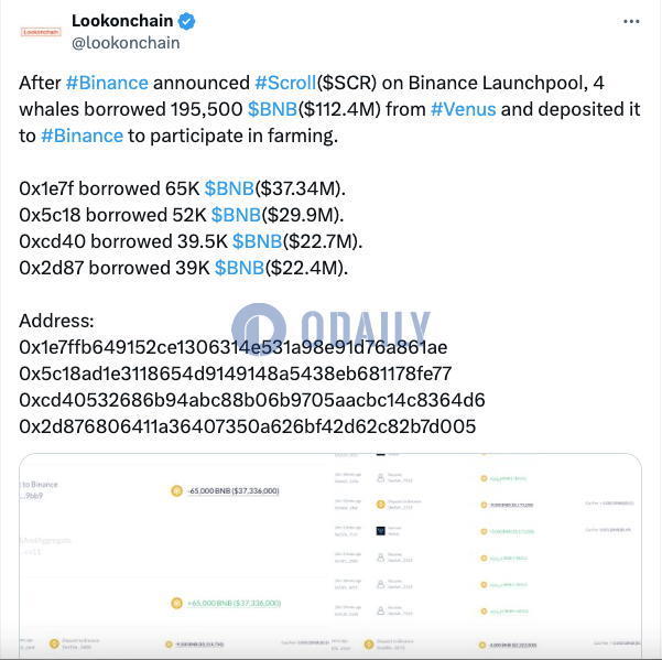 币安Launchpool上线Scroll后，4只鲸鱼从Venus借入195500枚BNB并存入币安