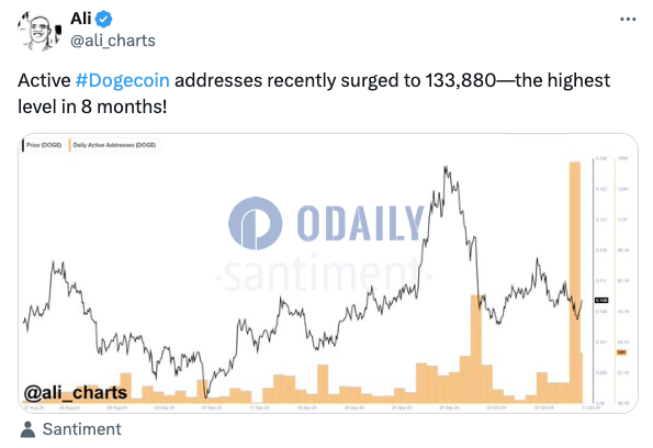 分析：狗狗币活跃地址数近日激增至133880，达8个月以来高点