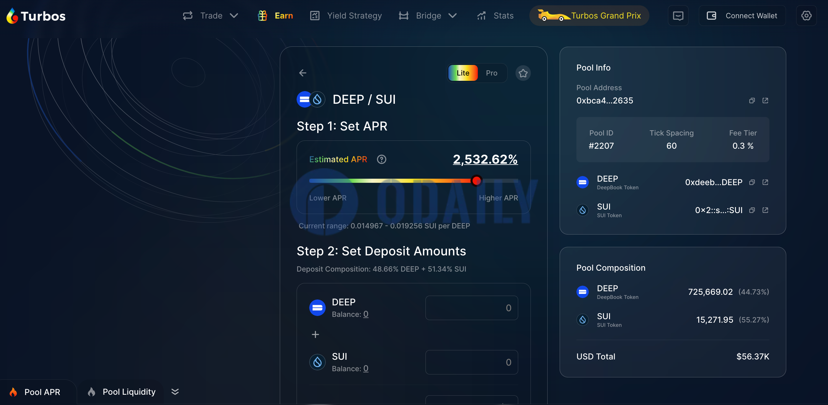DEEP代币上线Turbos后24H交易量接近100万美元，DEEP/SUI 流动性池APR超 2000%