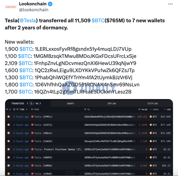 特斯拉今日共计将11509枚BTC分散转至7个新地址