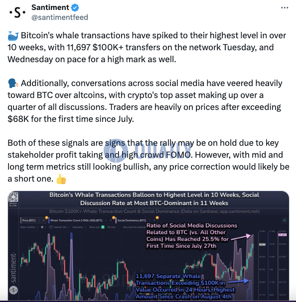 Santiment：比特币鲸鱼交易数增至10多周以来高点，社媒讨论热度转向主流币