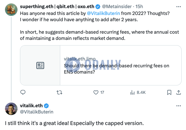 Vitalik：仍认为ENS域名基于需求收取经常性费用是个好想法
