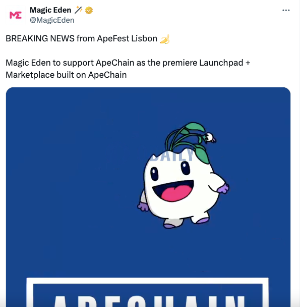 Magic Eden将在Launchpad和Marketplace集成ApeChain