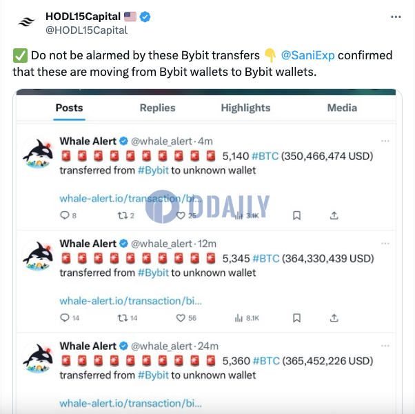今日发生的多笔Bybit大额BTC转移系其内部钱包间转账