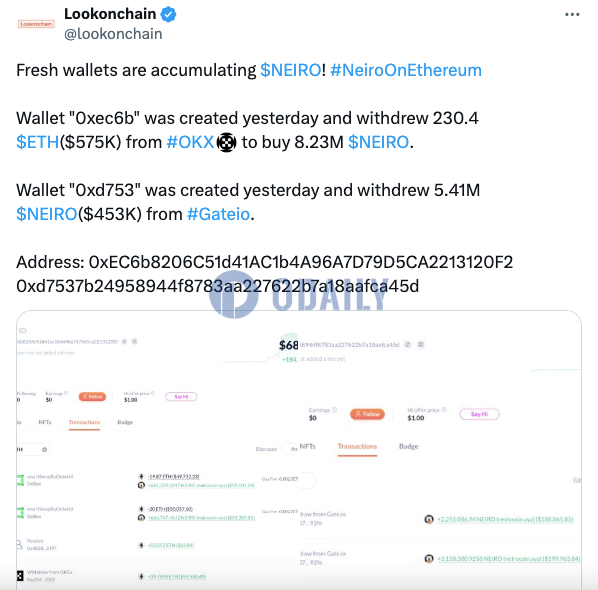 两新建钱包共计囤积超1300万枚NEIRO，价值超100万美元