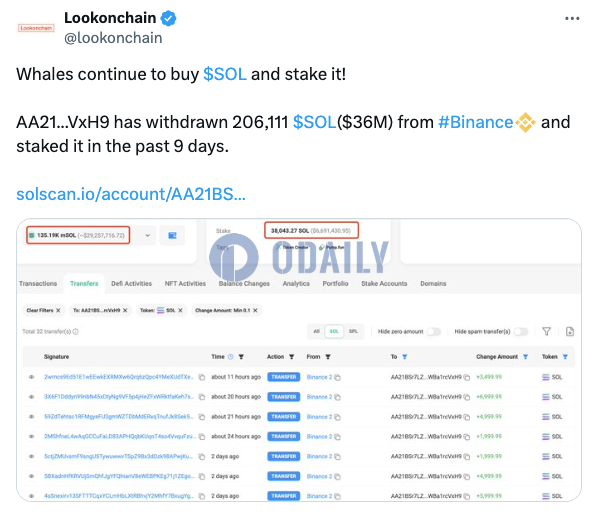 某鲸鱼近9日从币安提取3600万美元SOL并质押
