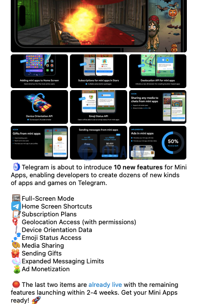 Telegram将推出10个小程序新功能，包括发送礼物、广告货币化等