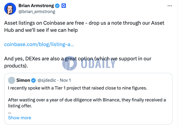 Coinbase CEO谈及CEX上币费用问题：平台上线资产免费，DEX也是不错的选择