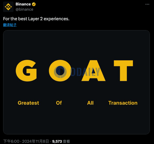 币安官方X账号发布带有“GOAT”配图的推文