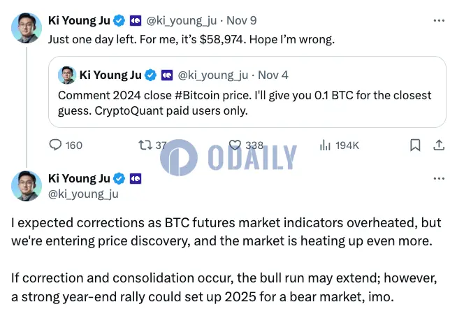 CryptoQuant CEO：由于期货市场“过热”，比特币年底价格或跌破5.9万美元