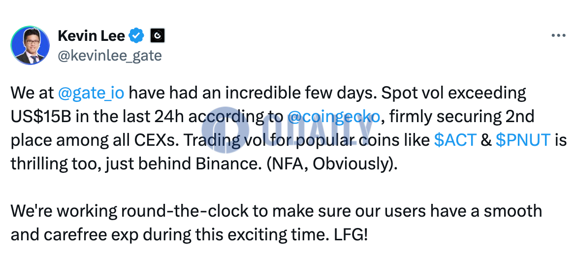 Gate.io首席商务官：PNUT与ACT现货交易量仅次于币安，24小时交易量达3.4亿美元