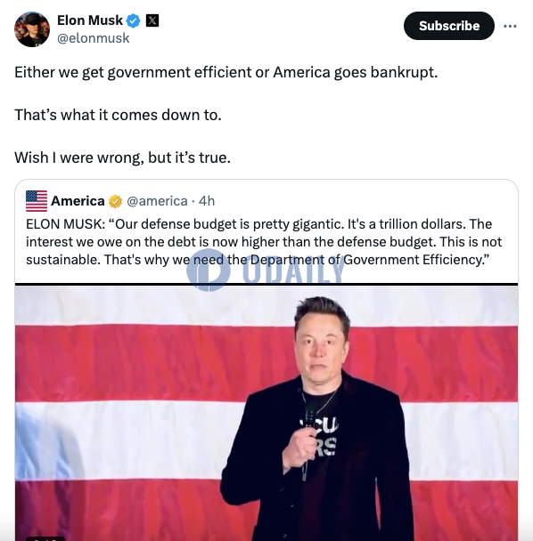 Elon Musk：要让政府变得高效，否则美国会破产