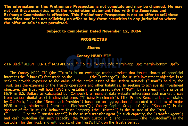Canary Capital提交HBAR ETF申请