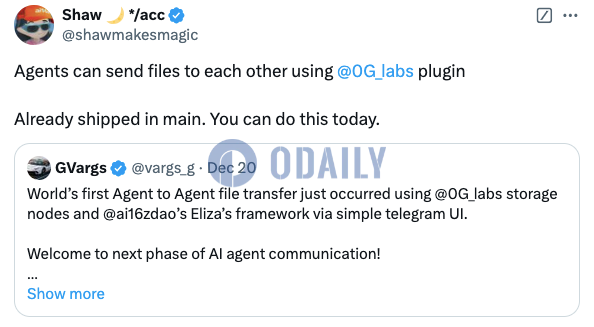 ai16z创始人：AI代理现可使用0G Labs插件互相发送文件