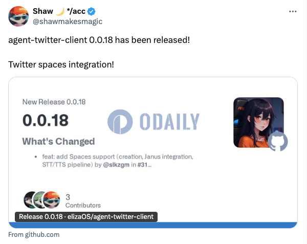 ai16z创始人：agent-twitter-client 0.0.18已发布，实现X Spaces集成