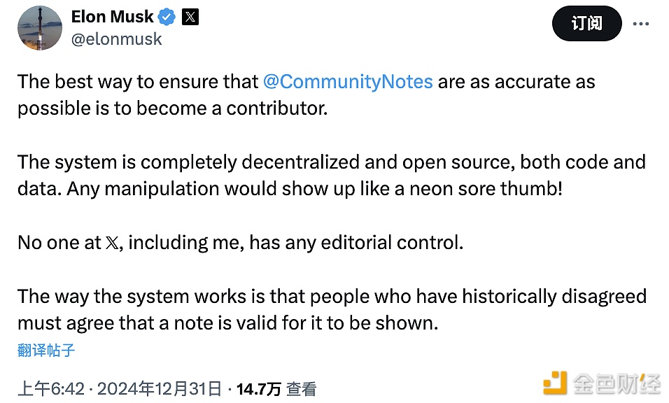 马斯克：Community Notes完全去中心化且开源