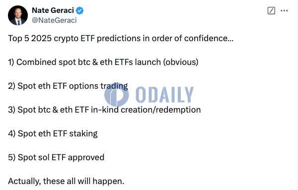 The ETF Store总裁发布2025年加密ETF前五大预测，包括现货以太坊ETF期权以及质押