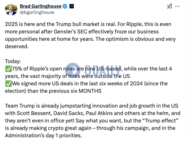 Ripple CEO：Ripple 75%的空缺职位现都位于美国