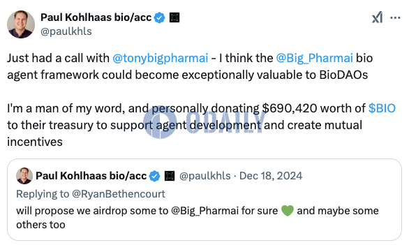 Bio Protocol创始人向Big Pharmai捐赠69万美元BIO代币，后者承诺将锁仓至少一年