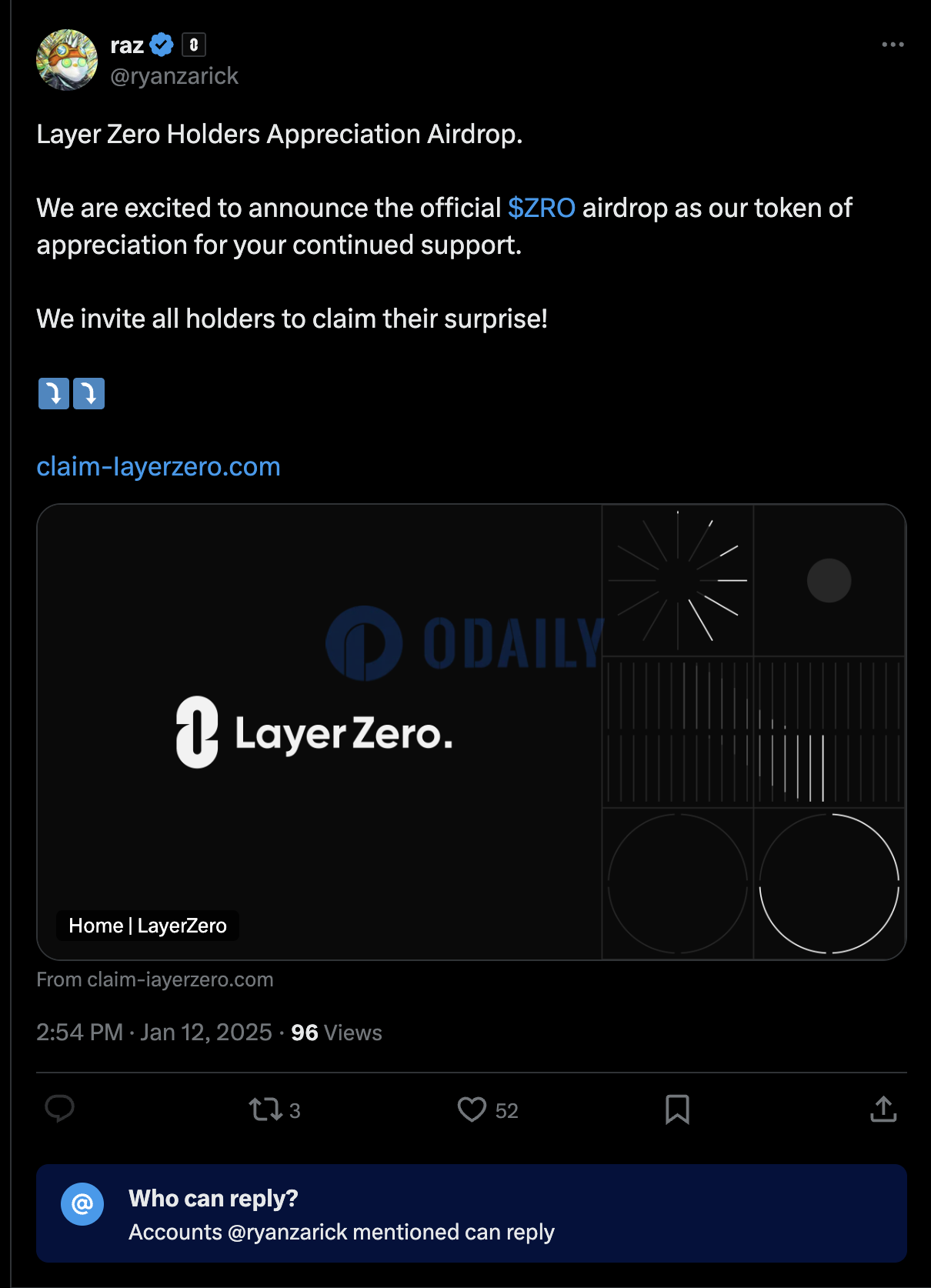 LayerZero Labs CTO的X账户短时被盗并发布钓鱼链接，相关帖子已被删除