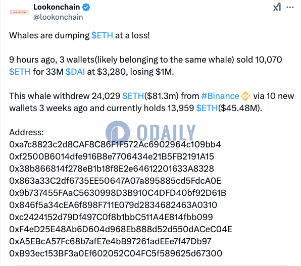 某鲸鱼9小时前亏损100万美元出售10070枚ETH