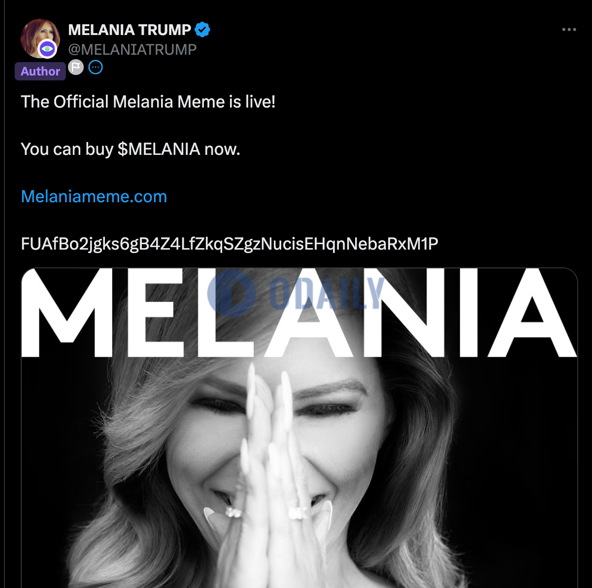 特朗普老婆梅拉尼娅·特朗普宣布推出个人Meme币$MELANIA