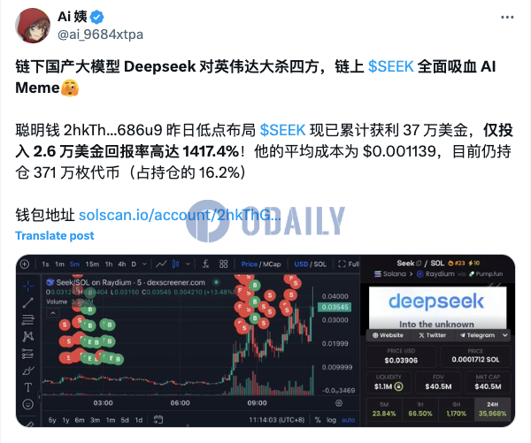 某聪明钱昨日低点布局SEEK现已累计获利1417.4%