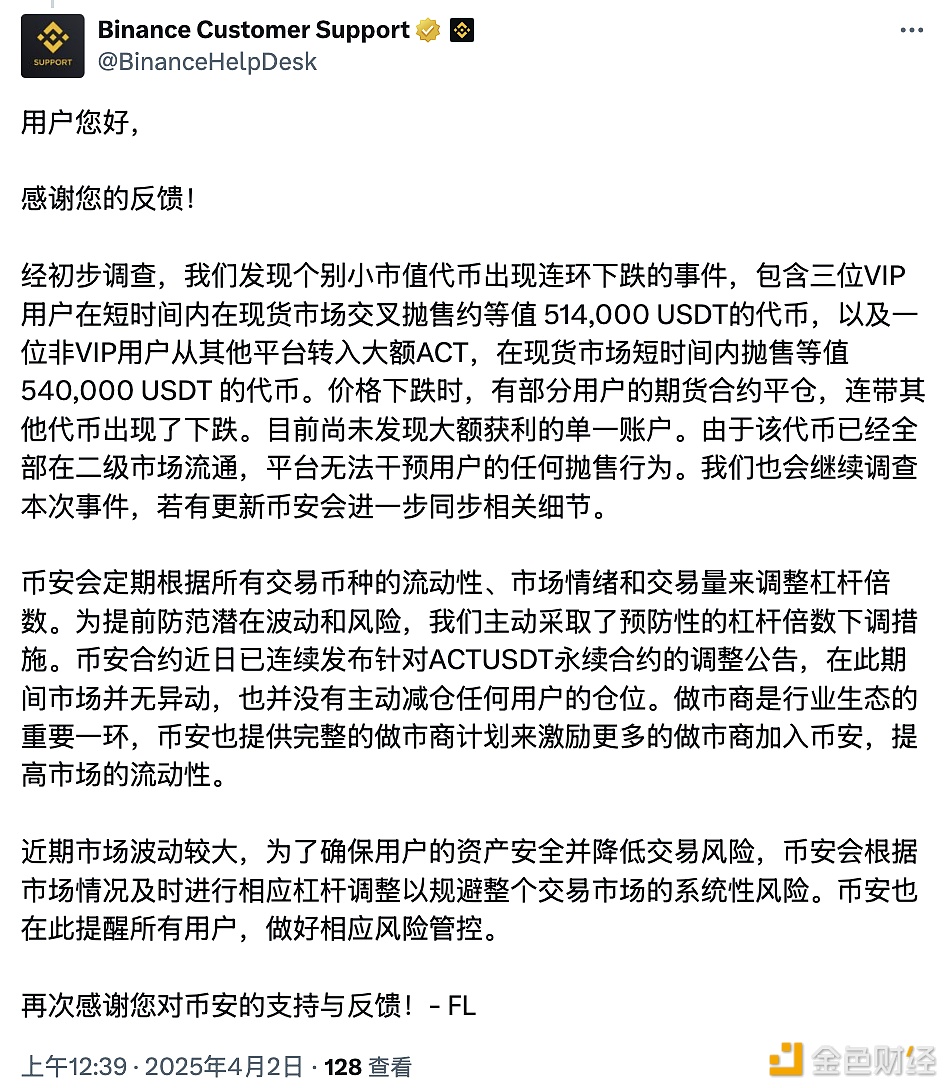 Binance回应ACT暴跌：4名用户短时抛售价值超100万美元ACT代币